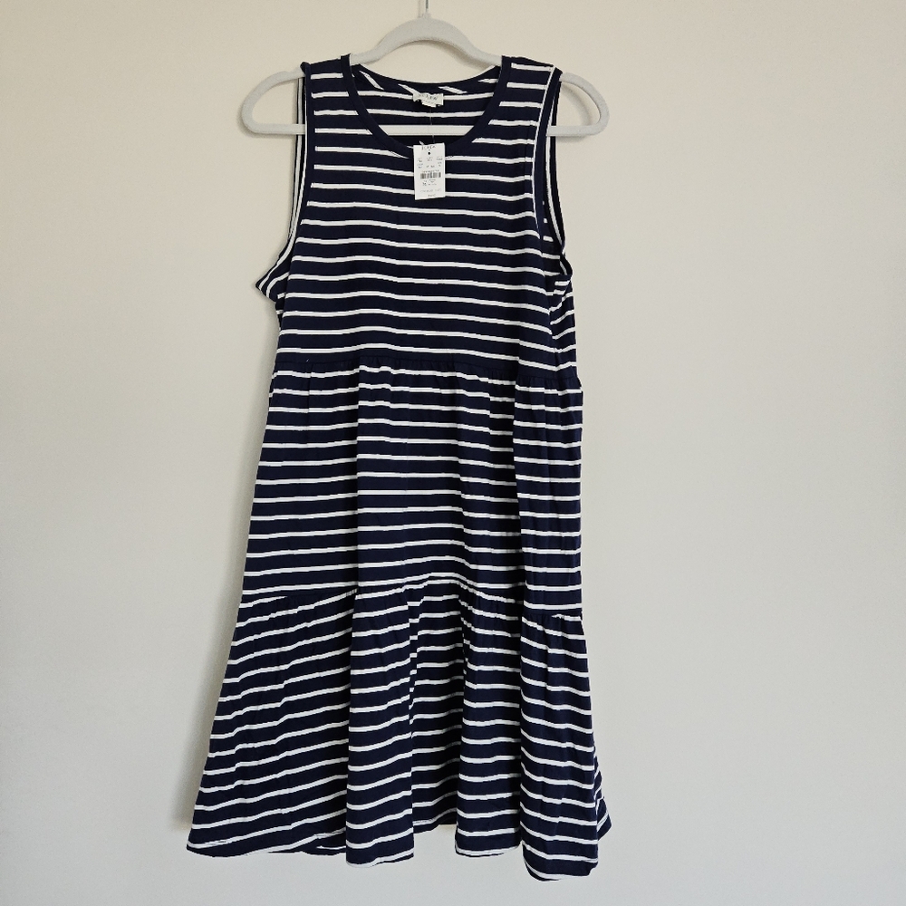 NWT J.Crew Sleeveless Striped Knit Tiered Mini Dress Navy Blue S Small Cotton - Picture 2 of 4